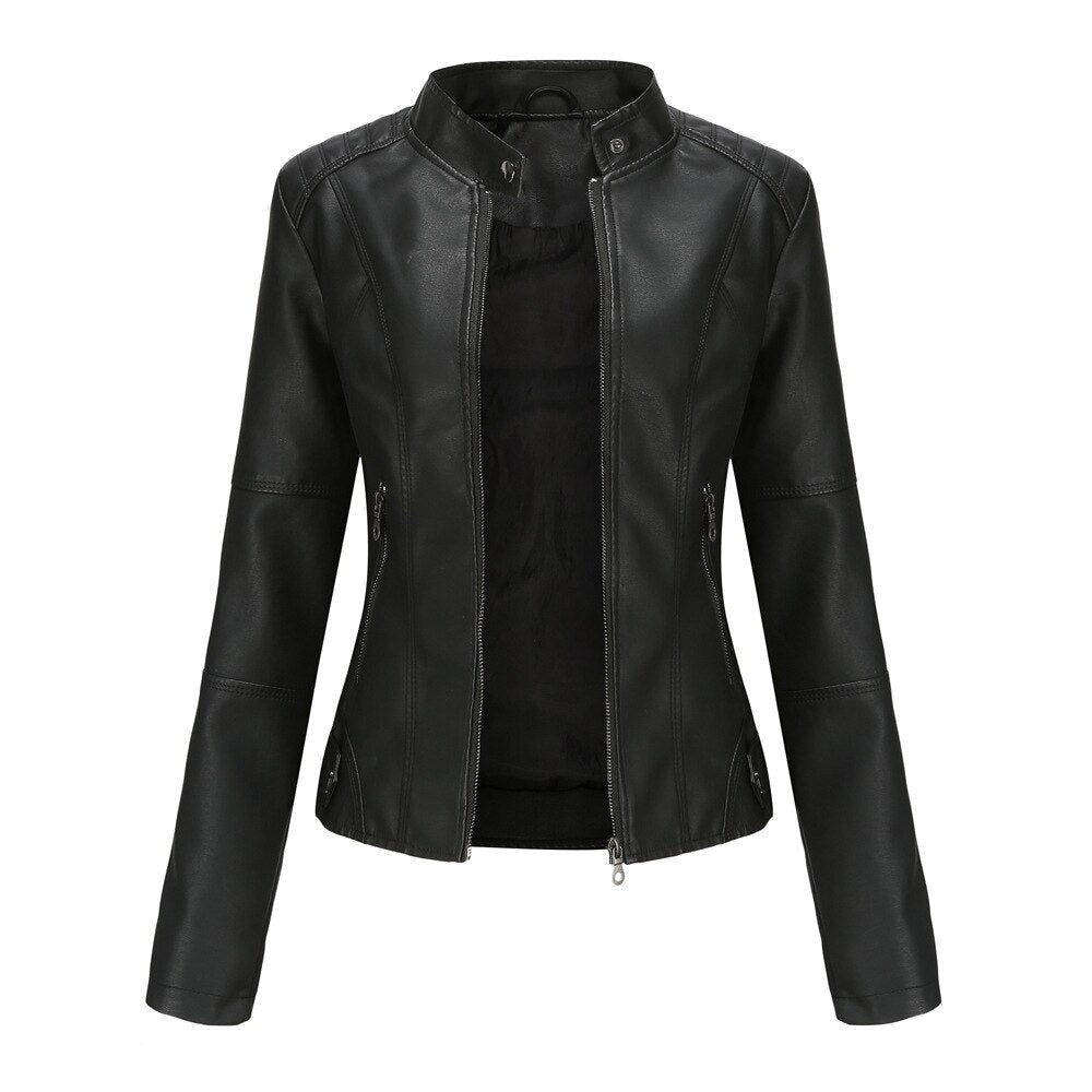 Veste en cuir pour femme à col mao