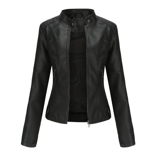 Veste en cuir pour femme à col mao