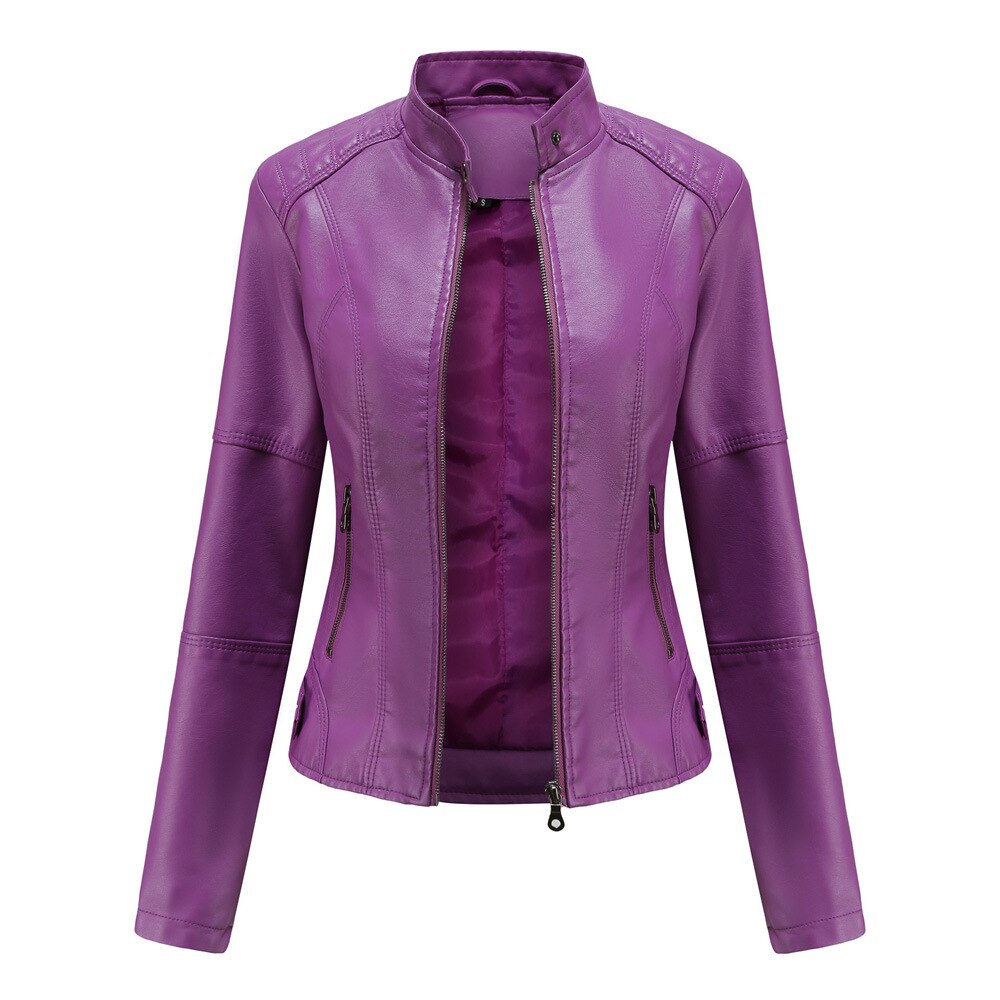 Veste en cuir pour femme à col mao