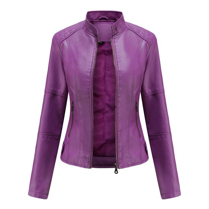 Veste en cuir pour femme à col mao