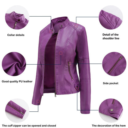 Veste en cuir pour femme à col mao