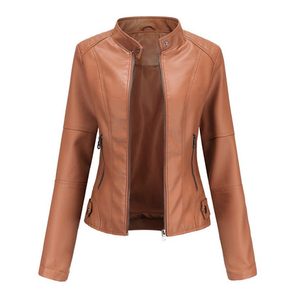 Veste en cuir pour femme à col mao
